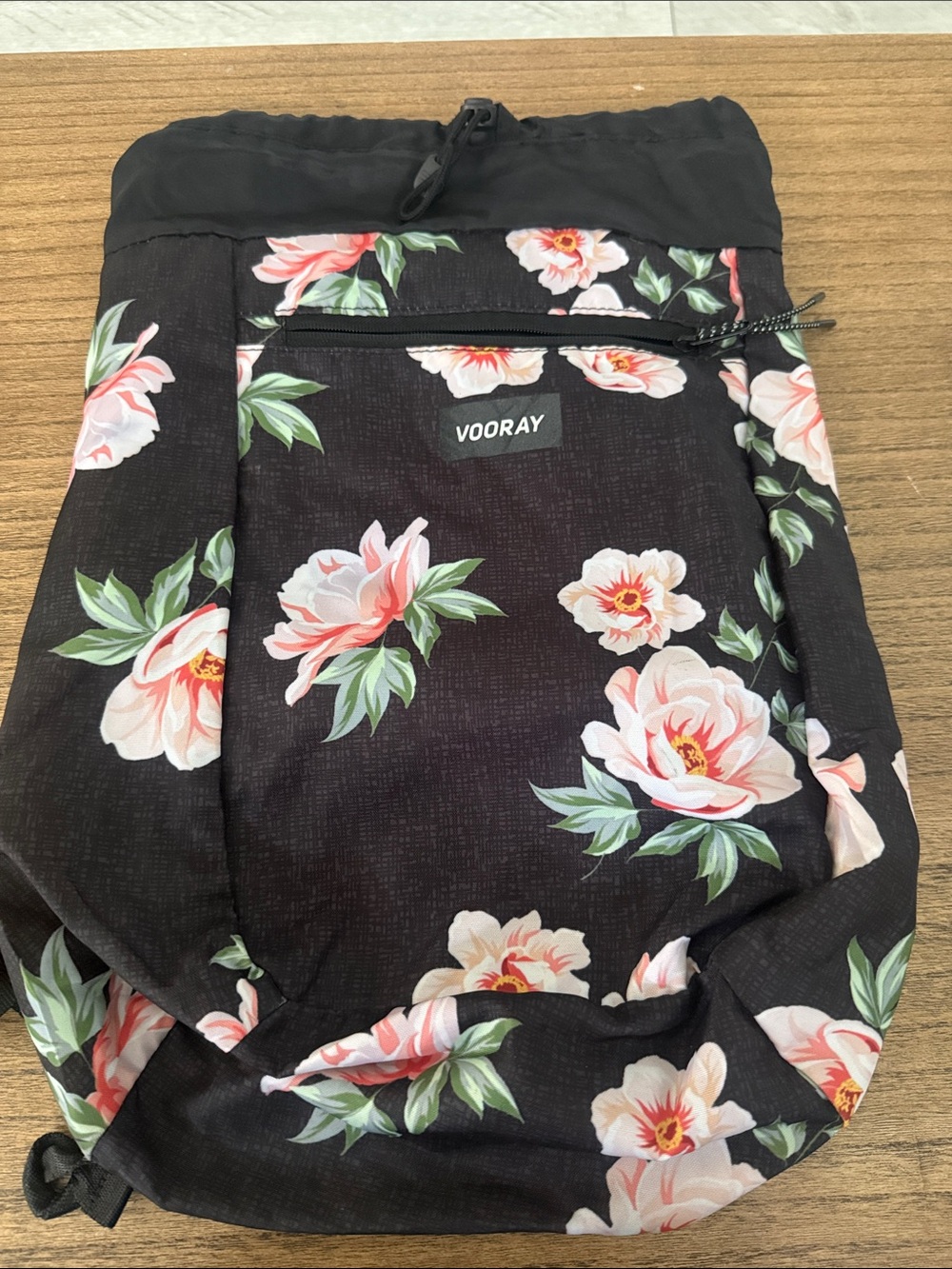 VOORAY Floral Cinch Drawstring Backpack in Black with Pink Flowers